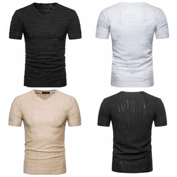 Mens Ripped T-shirt Solid Color Slim Fit V Neck Short Sleeve Tops Streetwear