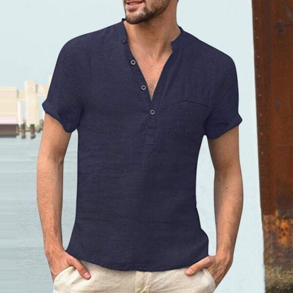 High Quality Men's Linen V Neck Bandage T Shirts Male Solid Color Long Sleeves