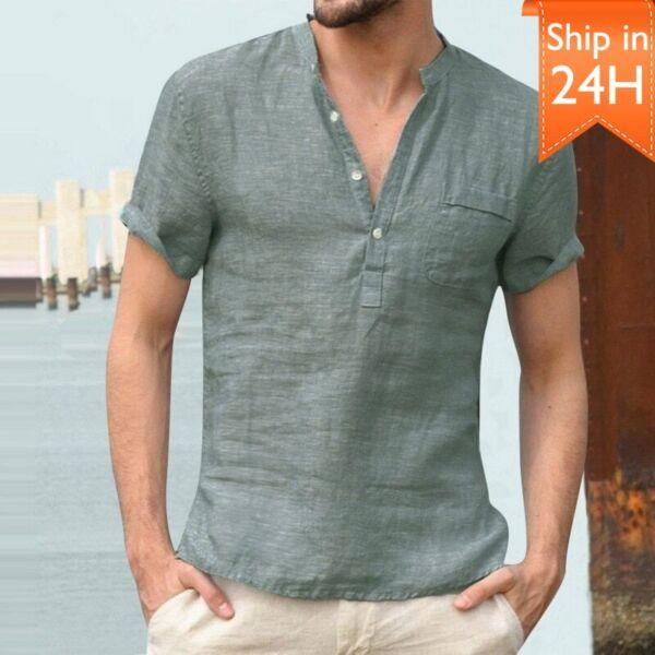 High Quality Men's Linen V Neck Bandage T Shirts Male Solid Color Long Sleeves