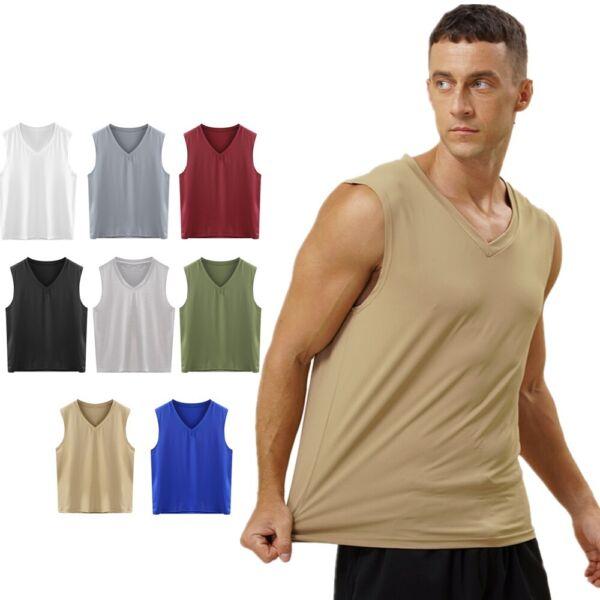 Mens Solid Color Workout Vest Tank Tops Quick Dry Sleeveless V Neck Muscle Shirt