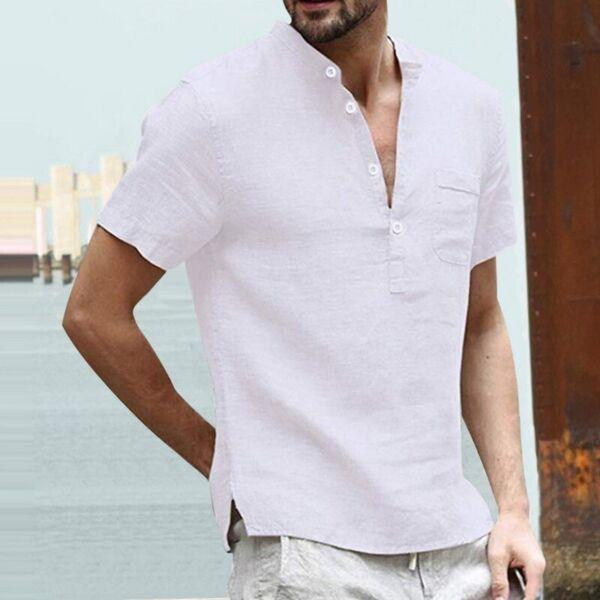 High Quality Men's Linen V Neck Bandage T Shirts Male Solid Color Long Sleeves