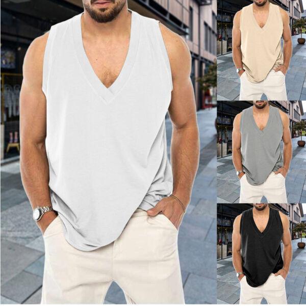 Mens Casual Sleeveless V Neck T-shirt Vest Solid Color Workout Muscle Tank Top 