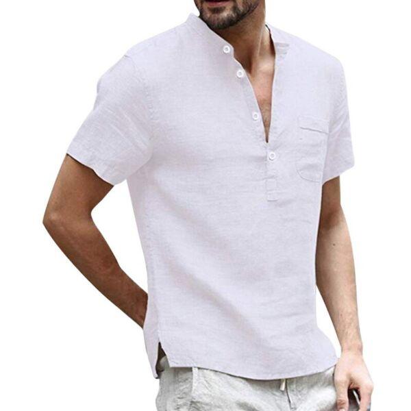 High Quality Men's Linen V Neck Bandage T Shirts Male Solid Color Long Sleeves