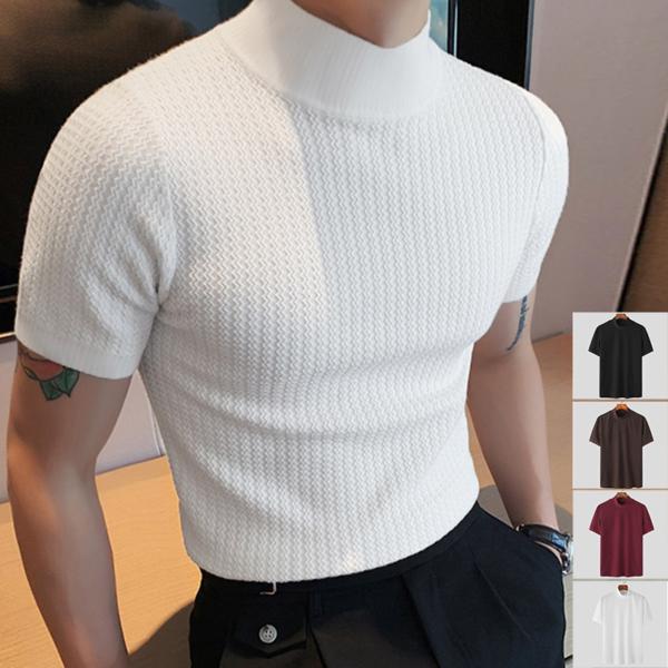 Summer New Casual Simple Knitted Leggings Men's High Neck Solid Color T-shirt