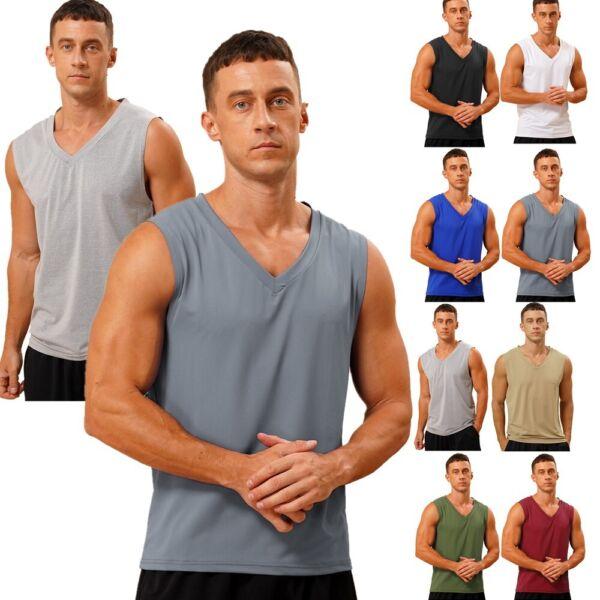 Mens Solid Color Workout Vest Tank Tops Quick Dry Sleeveless V Neck Muscle Shirt