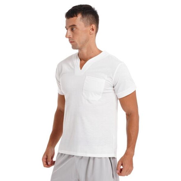 Men Cotton Short Sleeve T-shirt Tops Casual V Neck Solid Color Tees New T Shirts