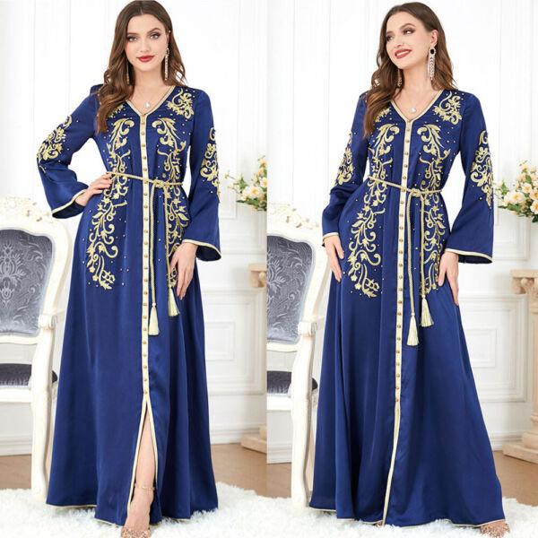 Muslim Women Moroccan Kaftan Maxi Dress Ramadan Dubai Abaya Jilbab Islamic Gown