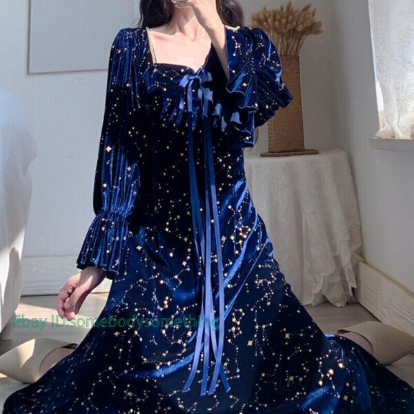 Women Velvet Dress Shiny Star Velour Long Puff Sleeve Long Princess Dresses