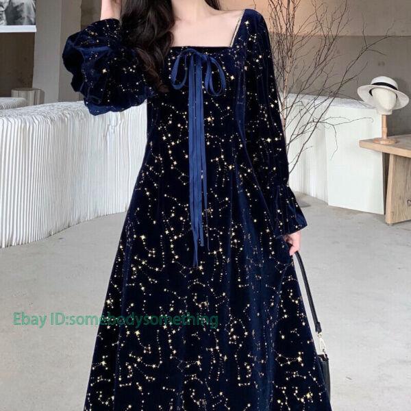 Women Velvet Dress Shiny Star Velour Long Puff Sleeve Long Princess Dresses