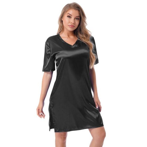 Ladies Satin Nightie Short Sleeve Silky Nightdress Nightwear Chemise PLUS SIZE 