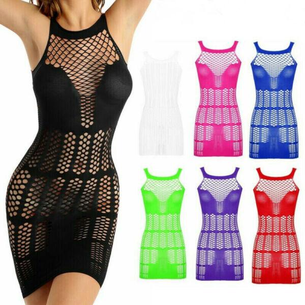 Women Sexy Fishnet Bodycon Mini Dress Hollow Out See-through Mesh Babydoll Dress