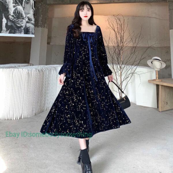 Women Velvet Dress Shiny Star Velour Long Puff Sleeve Long Princess Dresses