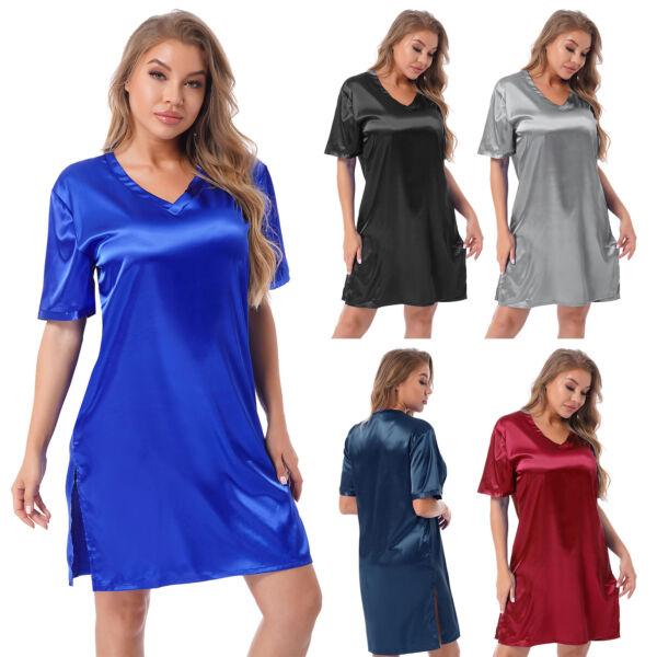 Ladies Satin Nightie Short Sleeve Silky Nightdress Nightwear Chemise PLUS SIZE 