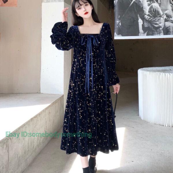 Women Velvet Dress Shiny Star Velour Long Puff Sleeve Long Princess Dresses