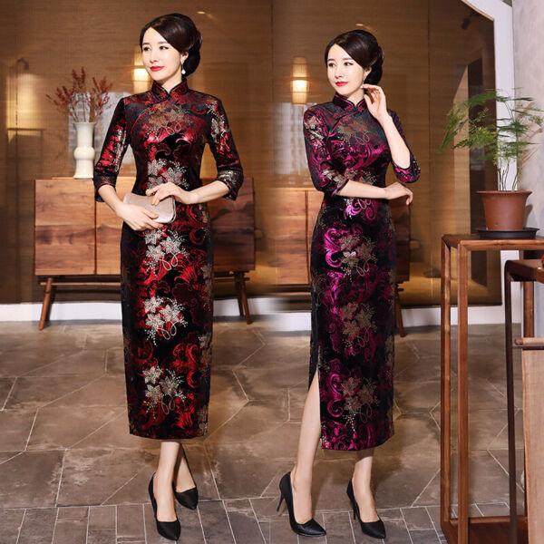 Traditional Chinese Long Dress Women Velvet Cheongsam Prom Qipao Size M-4XL