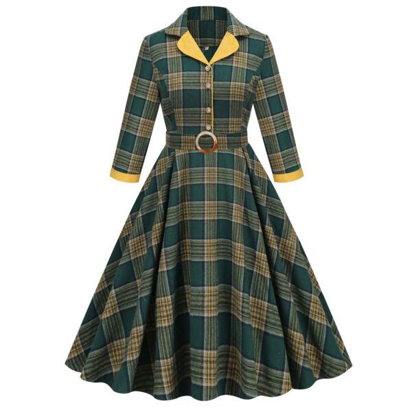 Ladies 1940s 50s Rockabilly Retro Plaid Midi Dress Long Sleeve Lapel Swing Dress