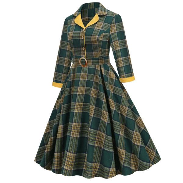 Ladies 1940s 50s Rockabilly Retro Plaid Midi Dress Long Sleeve Lapel Swing Dress