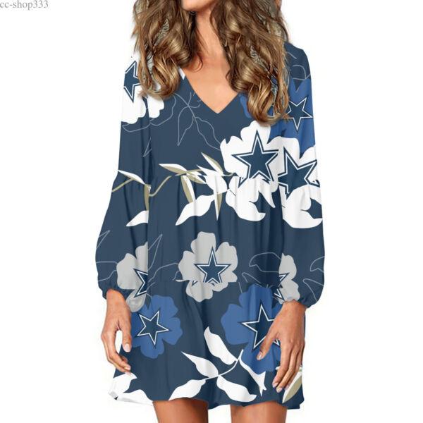 Dallas Cowboys Womens Sexy V-neck Swing Coat Dress Tunic Mini Sundress Fan Gift