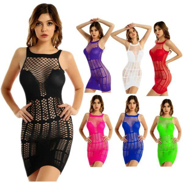 Women Sexy Fishnet Bodycon Mini Dress Hollow Out See-through Mesh Babydoll Dress