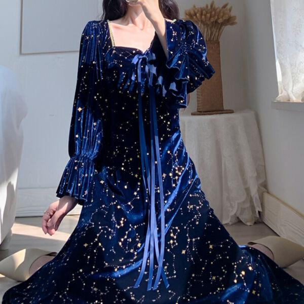 Women Velvet Dress Shiny Star Velour Long Puff Sleeve Long Princess Dresses