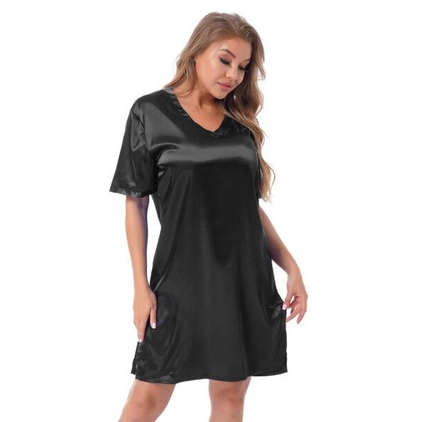 Ladies Satin Nightie Short Sleeve Silky Nightdress Nightwear Chemise PLUS SIZE 