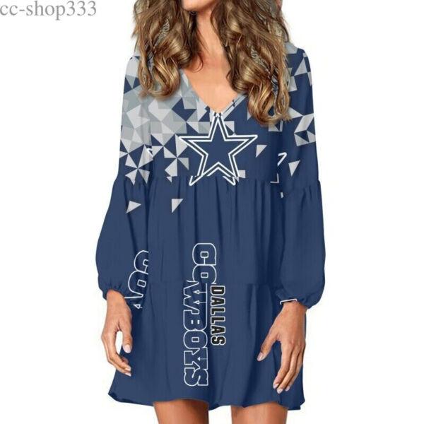 Dallas Cowboys Womens Sexy V-neck Swing Coat Dress Tunic Mini Sundress Fan Gift