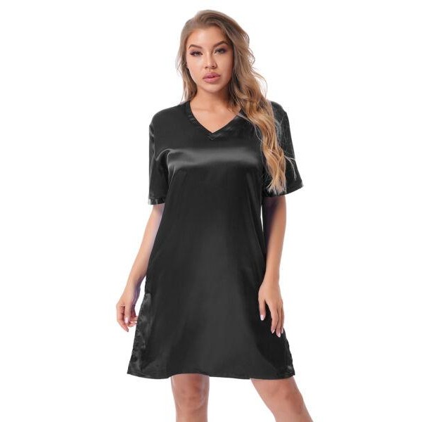 Ladies Satin Nightie Short Sleeve Silky Nightdress Nightwear Chemise PLUS SIZE 