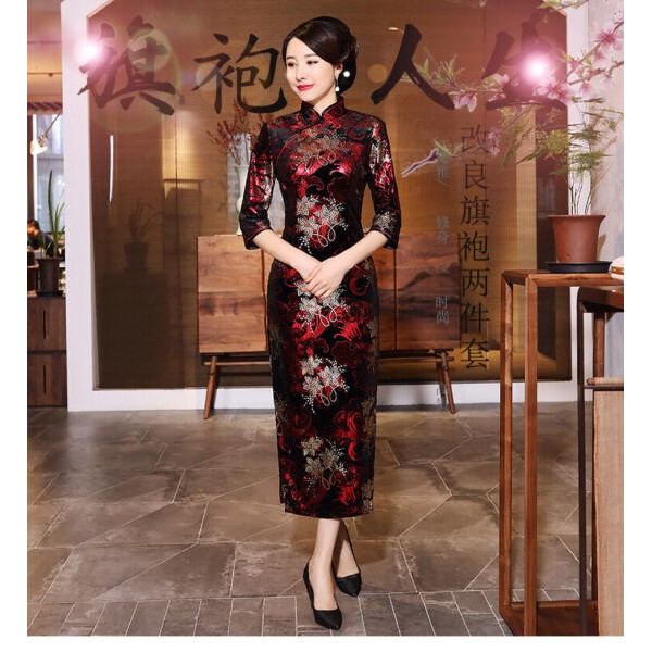 Traditional Chinese Long Dress Women Velvet Cheongsam Prom Qipao Size M-4XL