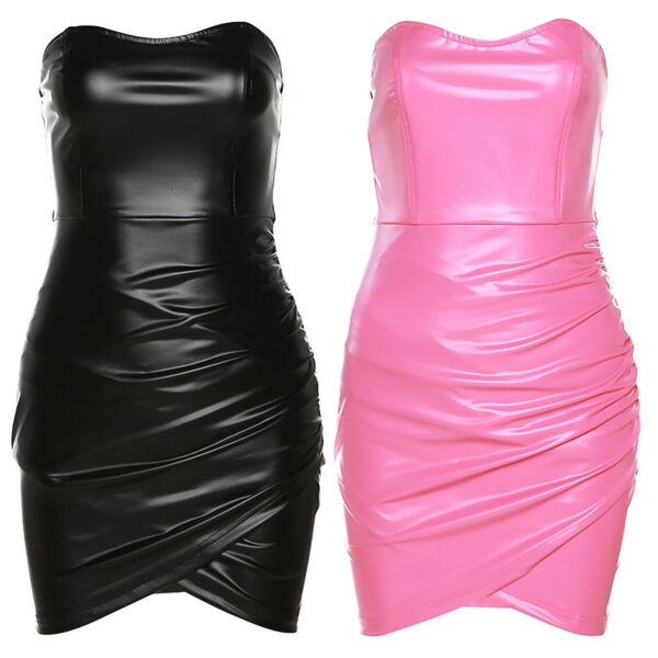 Sexy Women's Mini Dress Wet Look Leather Bodycon Night Cocktail Party Clubwear